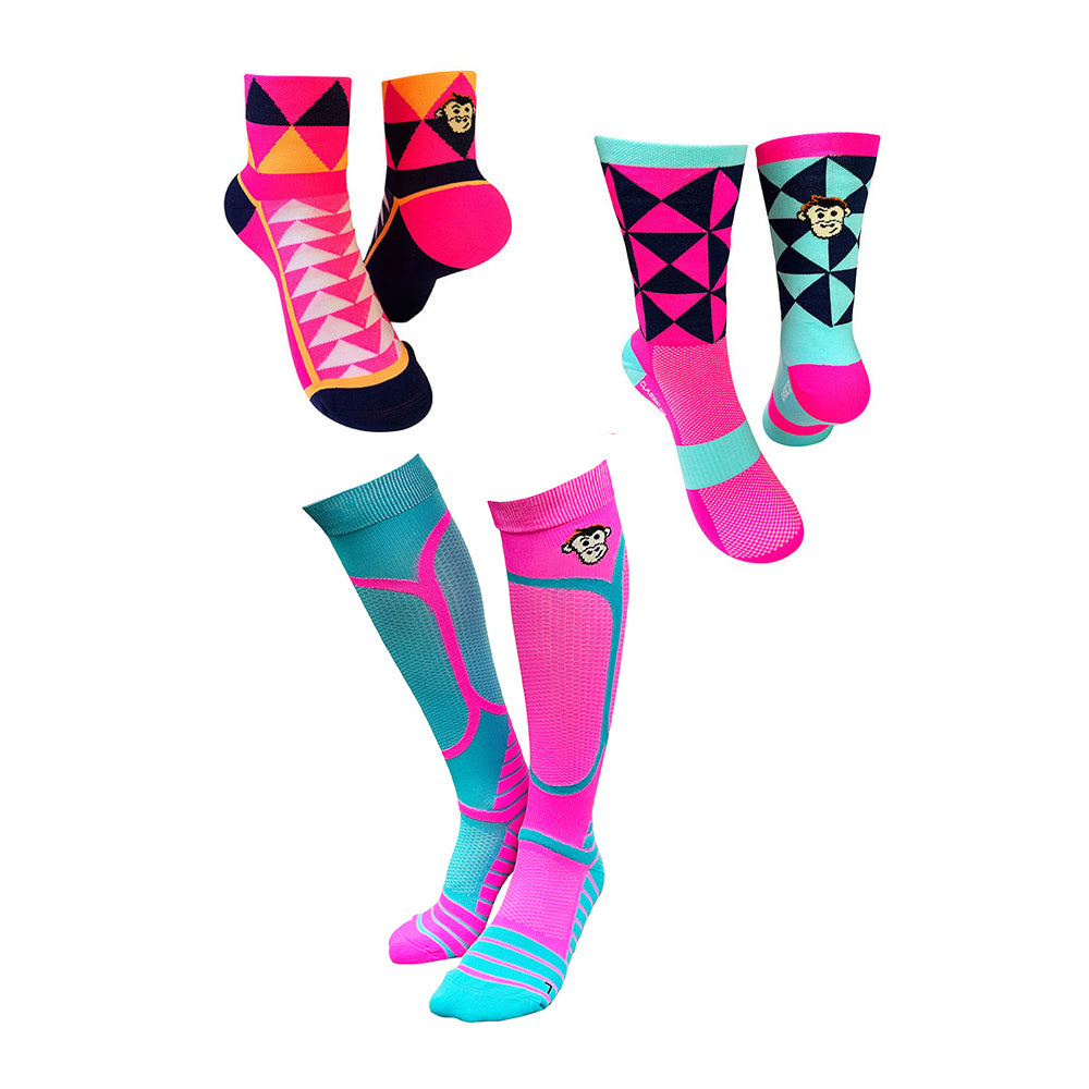 Bundle of 3 pairs of running socks.  Includes 1 2" quarter cuff, 1 5" crew and 1 full length compression sock, all pink and turquoise.