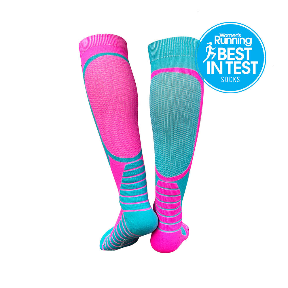 Victory Compression Running Socks: Pink Turquoise Monkey Sox