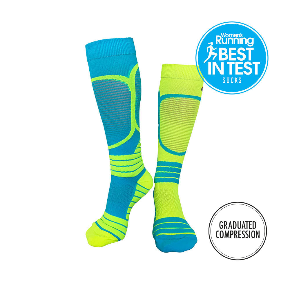 VICTORY COMPRESSION RUNNING SOCKS: BLUE + YELLOW
